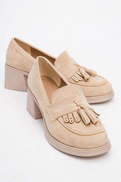 LuviShoes MARLO Beige Wildleder-Quasten-Loafer-Schuhe für Damen mit dickem Absatz