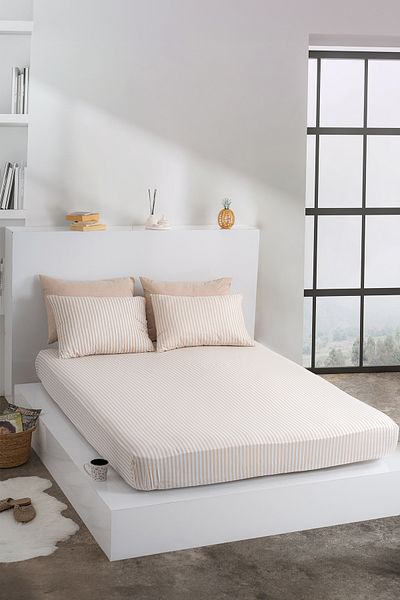 KetraHome طقم شرشف فردي كابتشينو مقلم قطن 100 × 200 سم كيس وسادة 50 × 70 سم