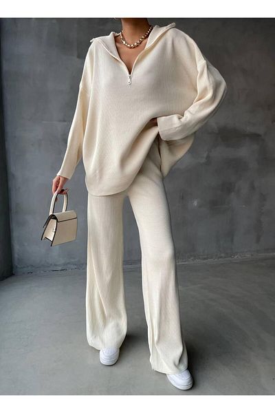 De Pose Spring Knit Detailed Oversize Sweater Trousers Knitwear Top and Bottom Set