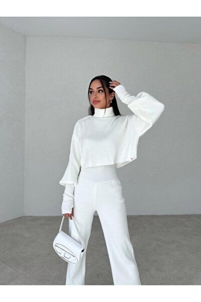 Rabia Çelik Women's White Finger-Snap High Waist Knitwear Top and Bottom Set