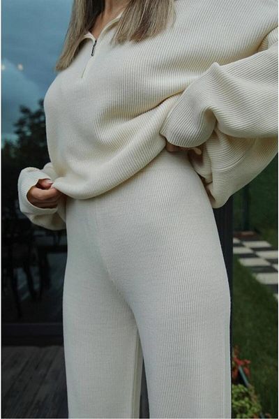 De Pose Spring Knit Detailed Oversize Sweater Trousers Knitwear Top and Bottom Set