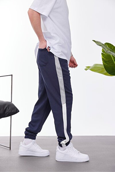 NOMARC Pantaloni de trening albastru închis cu dungi în 2 culori și capse