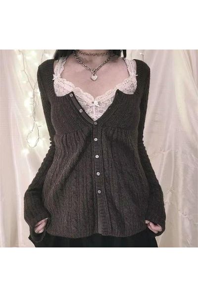 Köstebek Cardigan retro din tricotaje cu nasturi vintage antracit