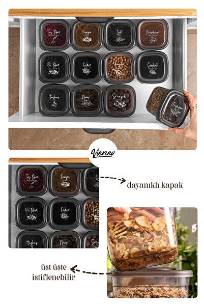 Vienev 36lı Beyaz Sergrfi Etketli Kaşklı Peggy Kare Erzak Bahrt Full Set 8x(1,75, 1,2, 0,55) 12x(0,45) Ant