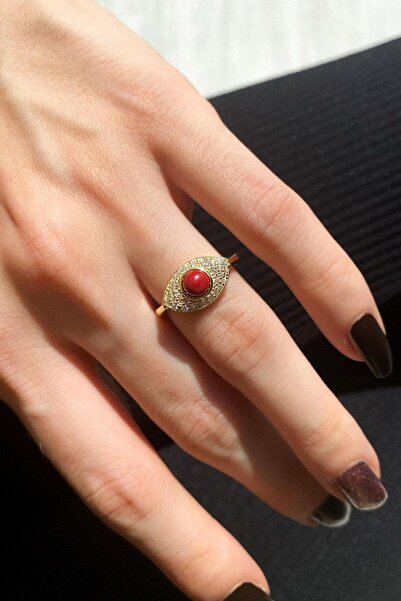 Spossy Silver Jewelry 925 Ayar Gümüş, 14 Ayar Gold, Kırmızı Taşlı Göz Yüzük
