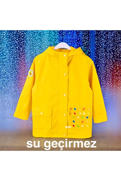 Haribo unisex çocuk astarlı kapşonlu sarı yağmurluk , su geçirmez fermuarlı y...