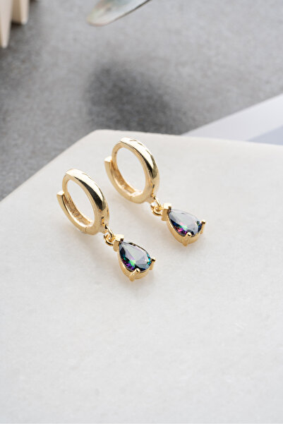 Nereze 925 Ayar Gümüş Gold Kaplama Sallantılı Damla Mistik Topaz Taşlı Küpe