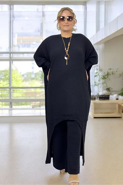 yagmurberen Oval Cut Corded Knitwear Tunic and Elastic Waist Trousers - Extra Large Size Double Knitwear Set