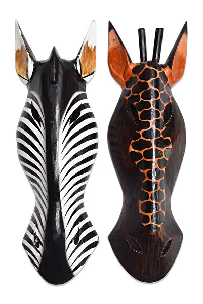 Hedicaret İkili Mask Seti Zürafa Zebra Duvar Objesi Maske Ahşap Dekoratif