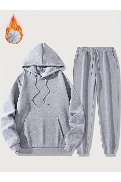 JENOLAN Men's Printed Top and Bottom Hooded Gray Tracksuit Set Oversize Boyfi...