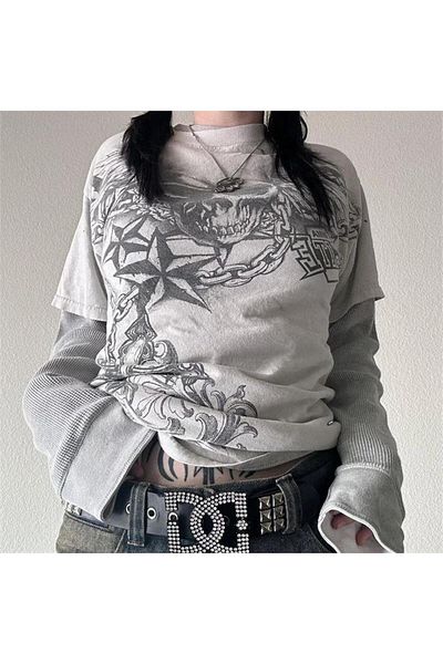 Köstebek Γκρι Skull Chain Star Cyber Grunge Λευκό μανίκι λεπτό φούτερ