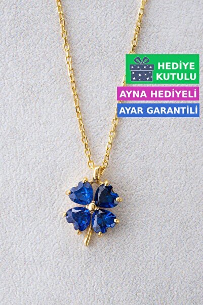 Jewelmim Mavi 4 Dört Yapraklı Yonca Gümüş Kolye 18 Ayar Sarı Altın Kaplama 92...