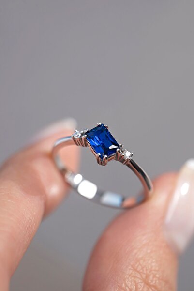 Jewelmim Mavi Renkli Taşlı Gümüş Yüzük 18 Ayar Beyaz Altın Kaplama Zirkon Taş...