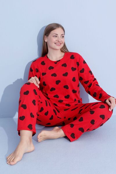 PİJAMOOD Kadın Battal Beden Baskılı Uzun Kollu Pamuklu Pijama Takımı