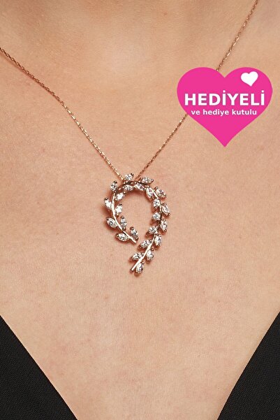 Jewelmim Gümüş Zeytin Dalı Taşlı Kolye 18 Ayar Rose Altın Kaplama Özel Tasarı...
