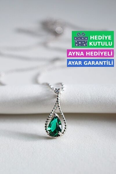 Jewelmim Yeşil Damla Taş Kolye 18 Ayar Beyaz Altın Kaplama Su Damlası Kolye 9...