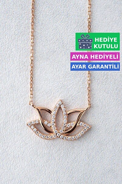 Jewelmim Lotus Çiçeği Kolyesi 18 Ayar Rose Altın Kaplama Çiçekli 925 Ayar Kad...