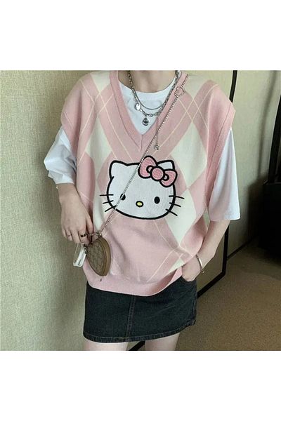 AtegeWear Anime Hello Kitty Argyle Patterned V-Neck Oversize Sweater