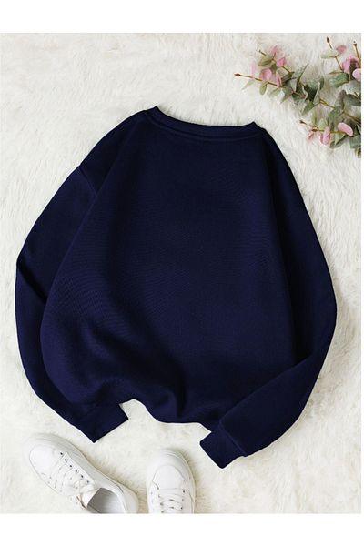 Trendseninle Γυναικείο φούτερ Navy Blue Plain Crew Neck