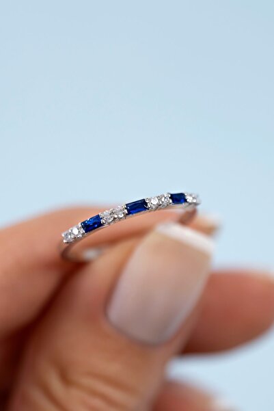 Jewelmim Mavi Renkli Taşlı Gümüş Yüzük 18 Ayar Beyaz Altın Kaplama Zirkon Taş...