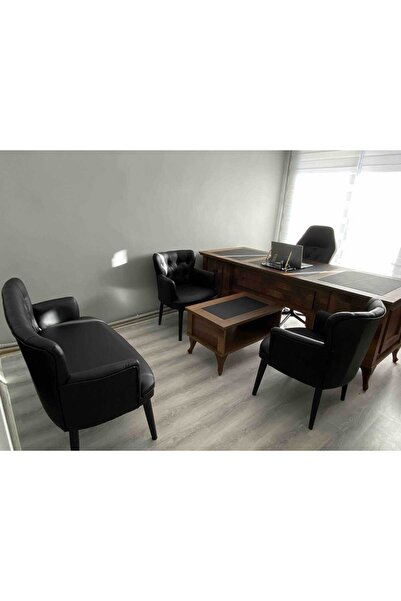 Aryans Home Mobilya Dekorasyon Siyah Deri Ahşap Ayaklı Ofis Koltuğu Büro Koltuk Ve Kanepeleri (2 tekli - 1 ikili koltuk)