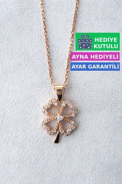 Jewelmim Dört 4 Yapraklı Yonca Gümüş Kolye 18 Ayar Rose Altın Kaplama 925 Aya...