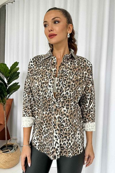 Mine Tan Butik Кафяво яке тип риза с леопардов шарка