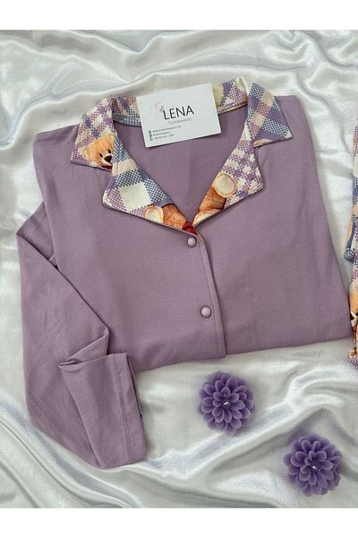 Lena Homewears Lilac Lingerie Teddy Bear Patterned Buttoned Thermal Pajamas Set