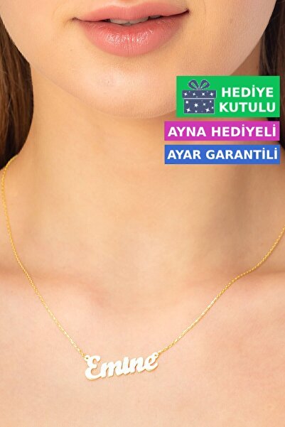 Jewelmim Emine Gümüş İsim Yazılı 18 Ayar Sarı Altın Kaplama Kişiye Özel 925 A...