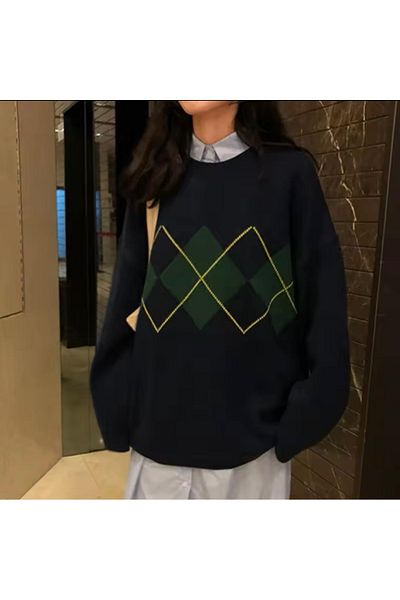 AtegeWear Y2k Harajuku Vintage Diamond Pattern Oversize пуловер