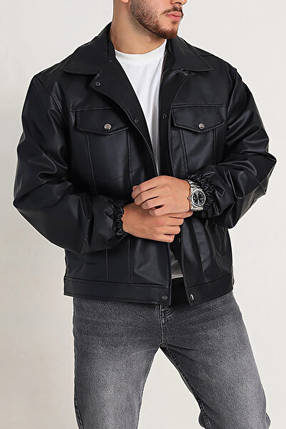 Moderk Vintage Erkek Siyah Deri Ceket Cep Detaylı