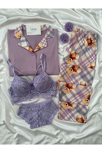 Lena Homewears Lilac Lingerie Teddy Bear Patterned Buttoned Thermal Pajamas Set