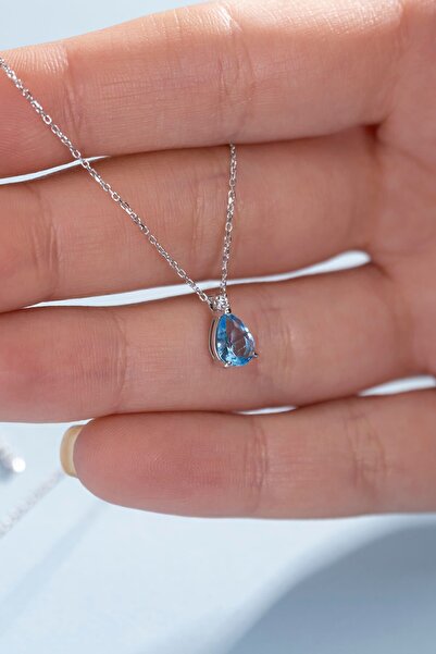 Jewelmim Akuamarin Mavi Renkli Damla Taşlı Gümüş Kolye 18 Ayar Beyaz Altın Ka...