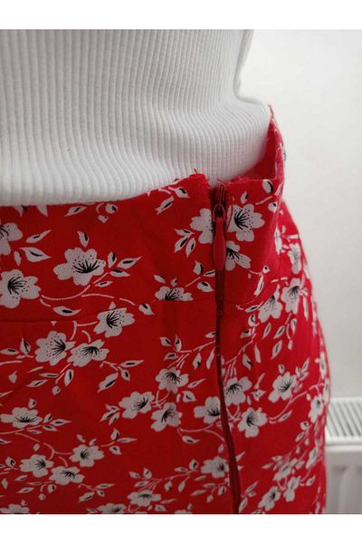 LADY HAZAL Red High Waist Mini Floral Short Slit Skirt Darkalıp Summer Fabric Side Zip