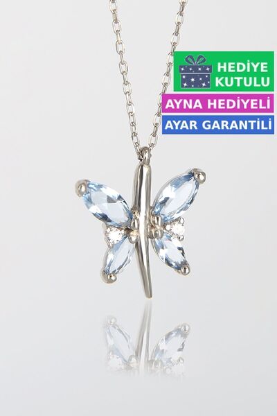 Jewelmim Akuamarin Mavi Kelebekli Gümüş Kolye 18 Ayar Beyaz Altın Kaplama 925...