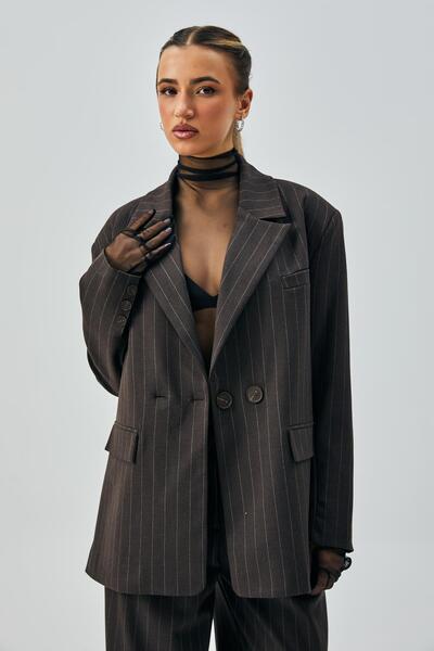 minaaise Γυναικείο μπουφάν σακάκι με κουμπιά πέτο με διπλό στήθος ριγέ πολυβίσκο από μαλλί καφέ 28076