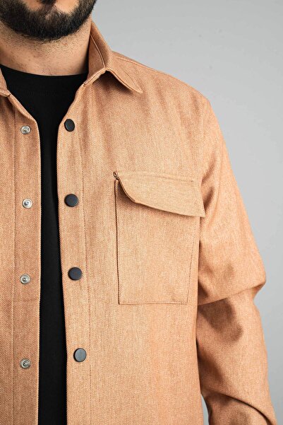 bombe Erkek Taba Mevsimlik Casual Içi Scuba Kaplama Spor Kesim Mont Çıtçıtlı Ceket Gömlek