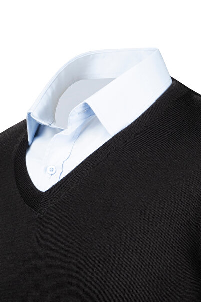 Çizgi Triko Ανδρικό πλεκτό με λαιμόκοψη V μαύρο πουλόβερ μονόχρωμο μανίκι και μέση ελαστικό πλεκτό ατσάλι -4241d