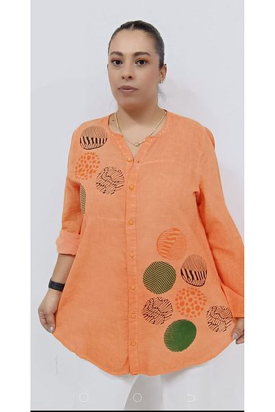 AKŞEN GİYİM LARGE SIZE WOMEN'S COTTON LINEN FABRIC GEOMETRIC PATTERNED FOLDED SLEEVE AUTHENTIC TUNIC