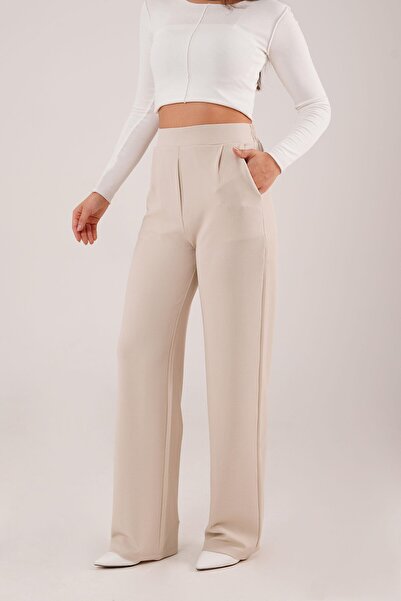 Hipo Trend Visok struk Široke nogavice Krep Bež pantalone