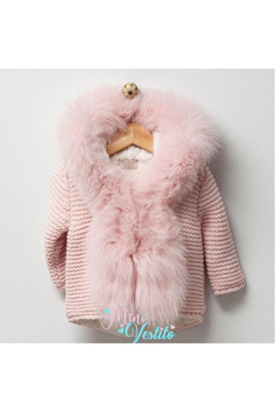 MiniVestito Linskli Kürklü Kapüşonlu İçi Welsoftlu Triko Hırka