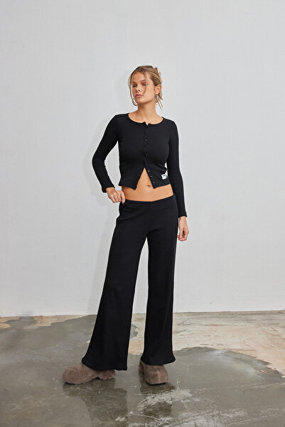 bases. Fitilli Beli Lastikli Geniş Paça Örme Pantolon