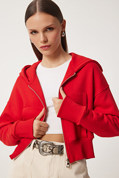 Lovelyİstanbul Red Hooded Zippered Sweatshirt - Low0019