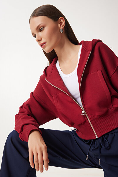 Lovelyİstanbul Kapüşonlu Şardonlu Fermuarlı Sweatshirt BORDO LOW0019