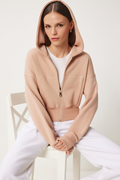 Lovelyİstanbul Kapüşonlu Şardonlu Fermuarlı Sweatshirt BİSKÜVİ LOW0019