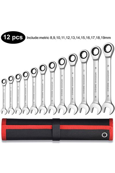 Venmess 12pcs(8-19) Ratcheting Combination Wrench Set,12 Point Box End And Open End Wrench Set Spanner Fit F