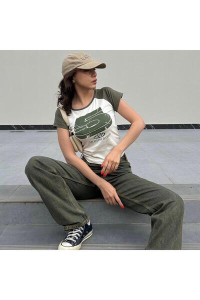 Yukatay Khaki Retro 5 Printed Short Sleeve Crop