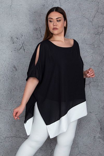 Şans Women's Plus Size Black Shoulder Low-cut Hem Strap Chiffon Tunic 65n25562