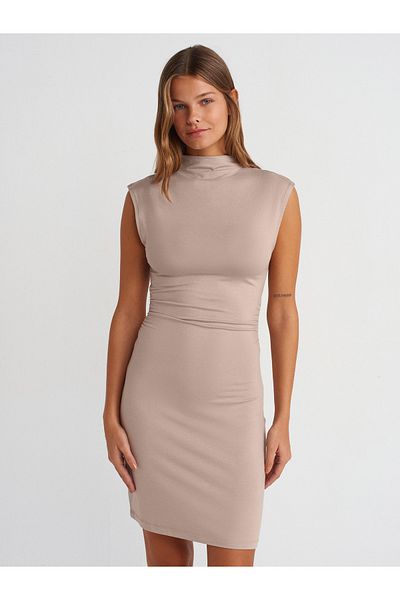 Dilvin 91238 Rochie mini fără mâneci cu guler ridicat-Piatră întunecată