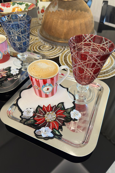 bibashka Kırmızı pullu çiçek tasarımı 2li kokteyl peçete